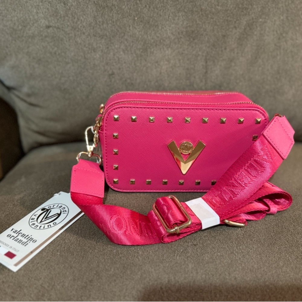 Valentino Orlando Camera bag purse. Fuchsia with gold studs